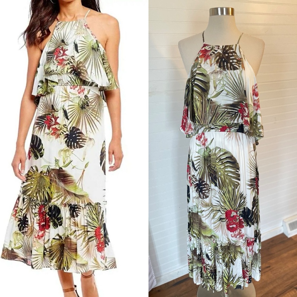 Gianni Bini Medelyn Dress Tropical High Neck Midi Dress Size Large